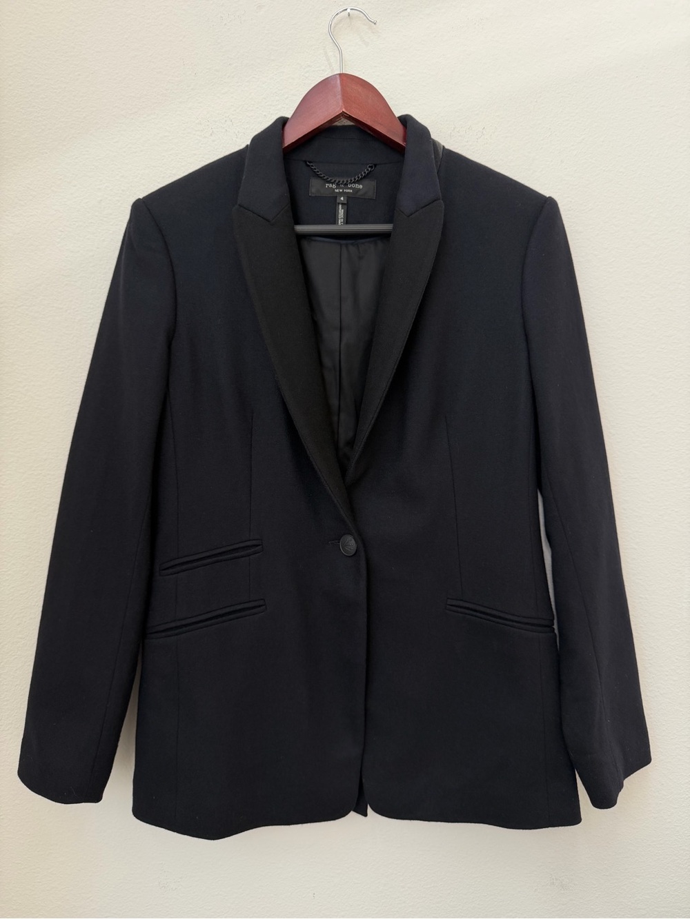 Rag & Bone Black Leather Trim Wool Blend Single Button Blazer Jacket Size 4